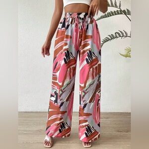 Graphic Print Knot Front. Casual Waisted Wide Leg Pants.